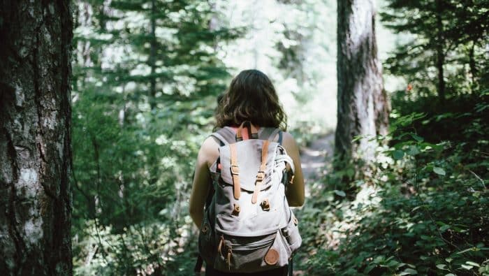 woman in sleeveless top and backpack surrounded by trees during daytime